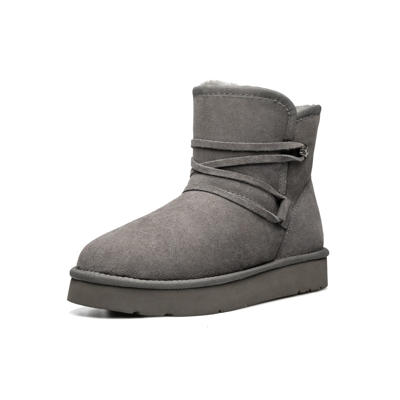 羊皮毛一体系带短筒雪地靴 N2108 · 灰色