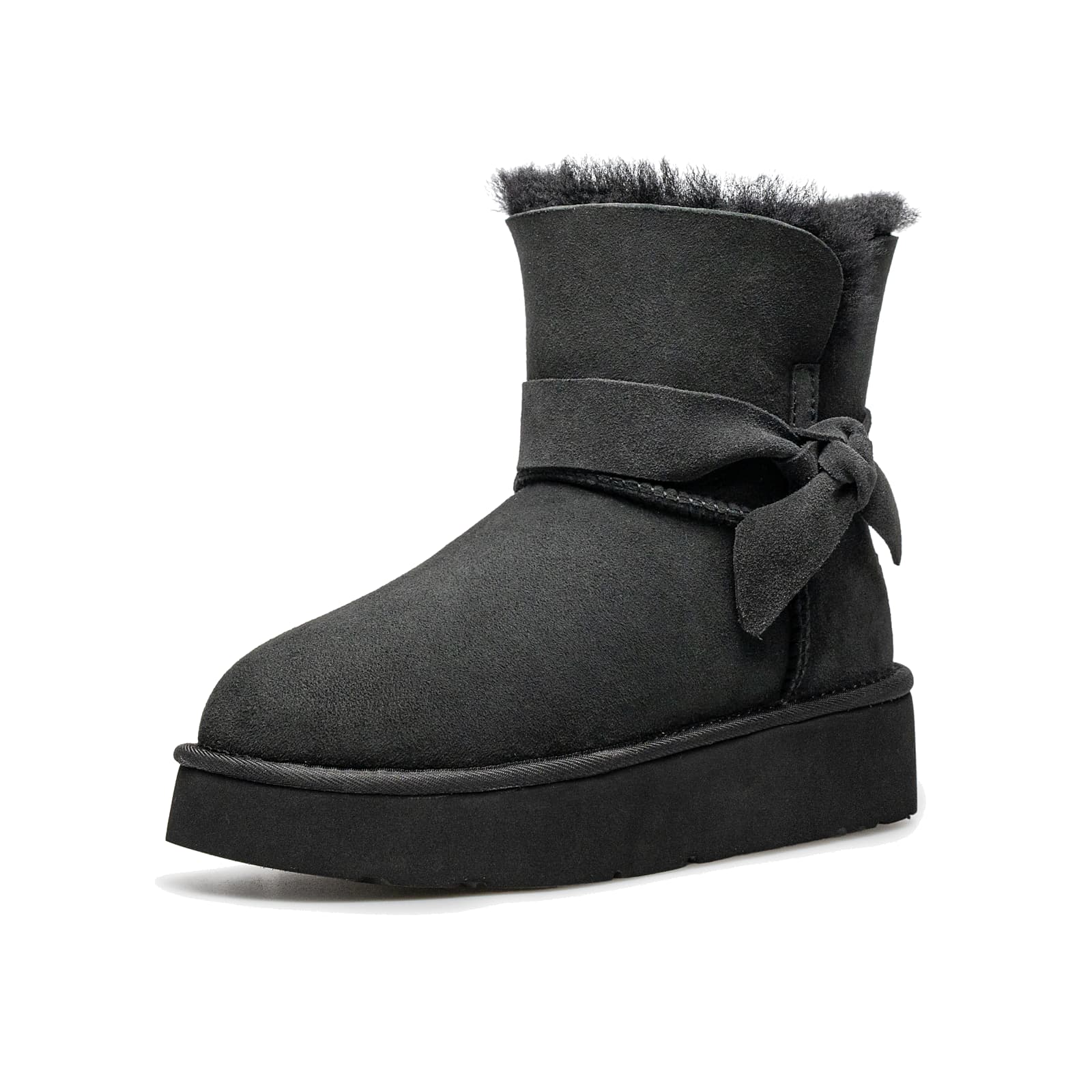 羊皮毛一体翻领蝴蝶结短筒雪地靴 N3008 · 黑色