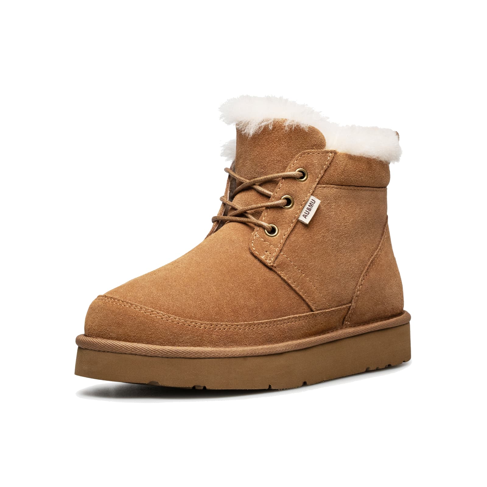 羊皮毛一体翻领系带短筒雪地靴 N3118 · 栗色